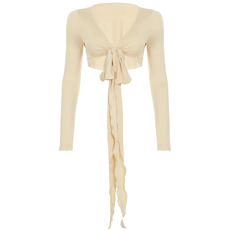 Womens cropped tie front top in beige with long sleeves and extended tie detail from VacationGrabs