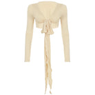 Womens cropped tie front top in beige with long sleeves and extended tie detail from VacationGrabs