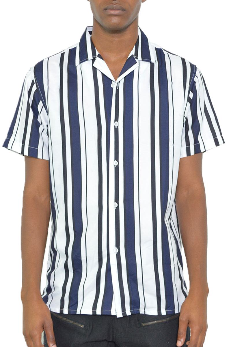 Mens Navy Blue Stripe Print Button Down Shirt