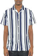 Mens Navy Blue Stripe Print Button Down Shirt