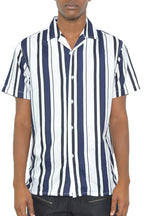 Mens Navy Blue Stripe Print Button Down Shirt