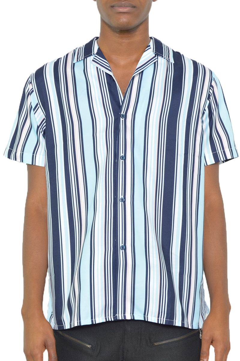 Mens Blue-Multi Stripe Print Button Down Shirt