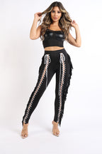 Chic Lace up Detailed Fringe Tassel Pants Leggings BLACK