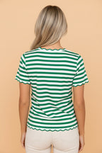 Stripe Scallop Trim Round Neck T-Shirt