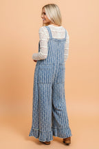 Stripe Distressed Denim Ruffle Wide Leg Overalls