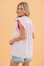 Stripe Contrast Trim V-Neck Flutter Sleeve Blouse