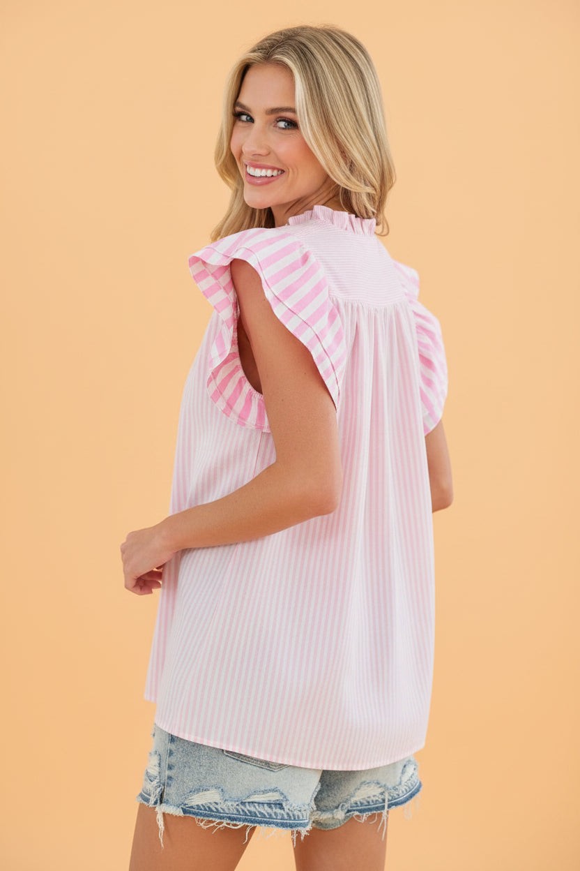 Stripe Contrast Trim V-Neck Flutter Sleeve Blouse