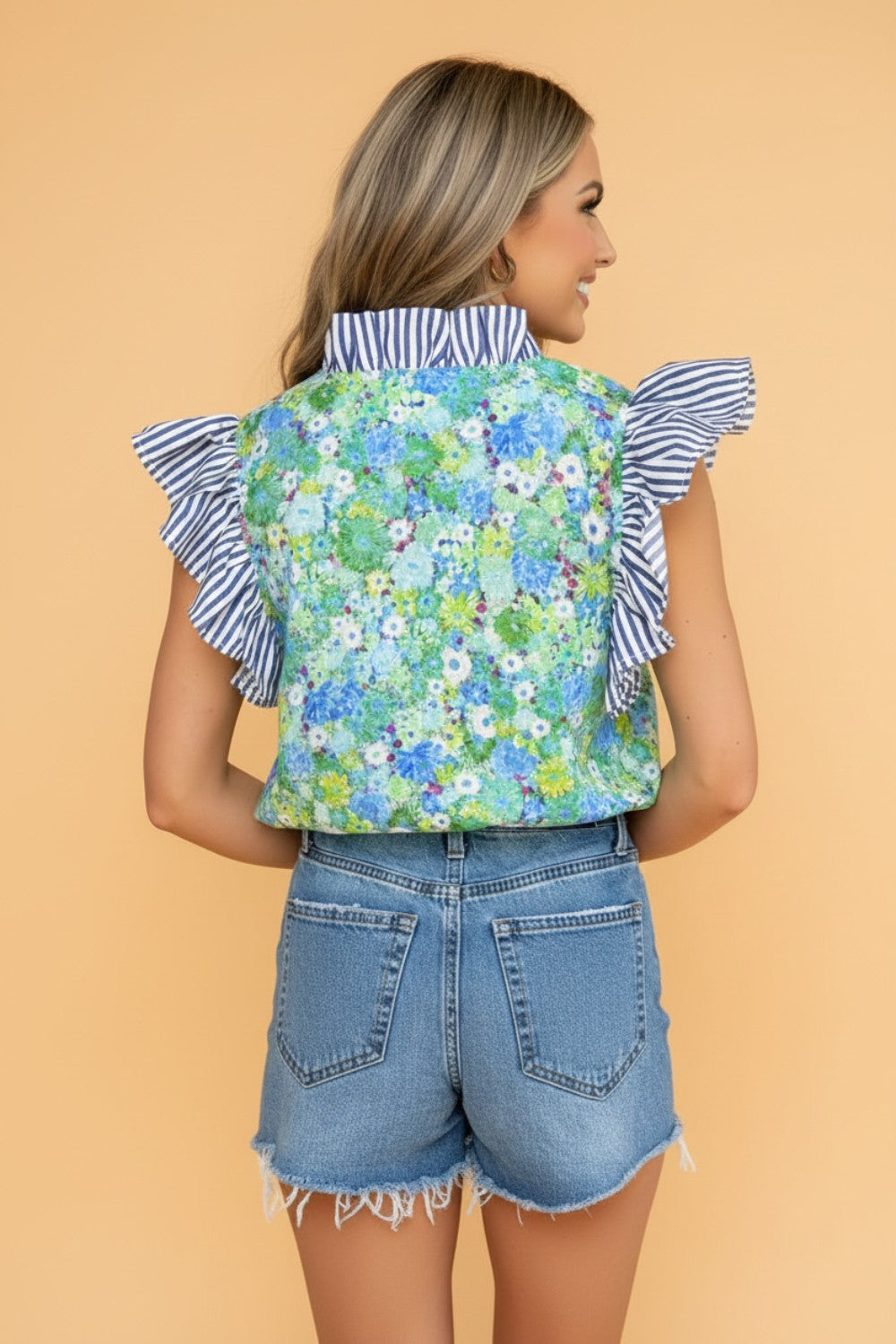 Floral Stripe Patchwork Flutter Sleeve V-Neck Blouse