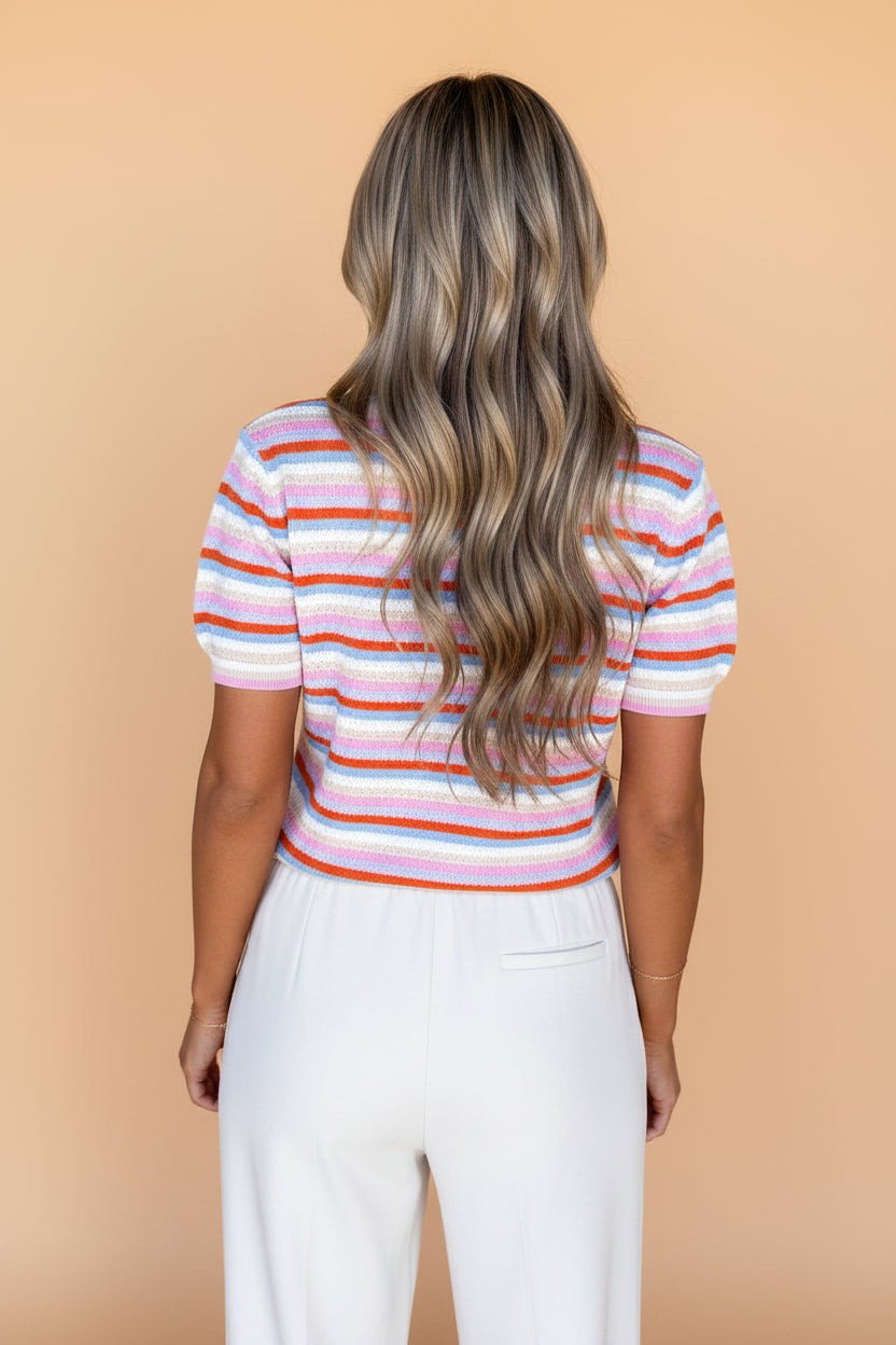 Stripe Textured Knit Short Sleeve Sweater