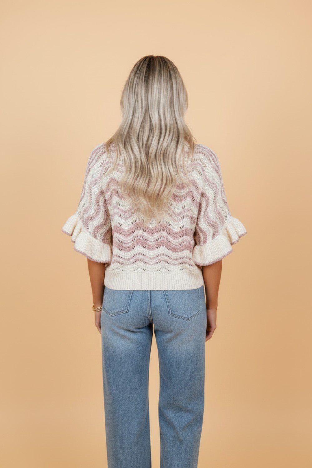 Wavy Stripe Ruffle 3/4 Sleeve Crochet Sweater