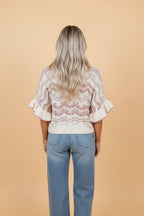 Wavy Stripe Ruffle 3/4 Sleeve Crochet Sweater