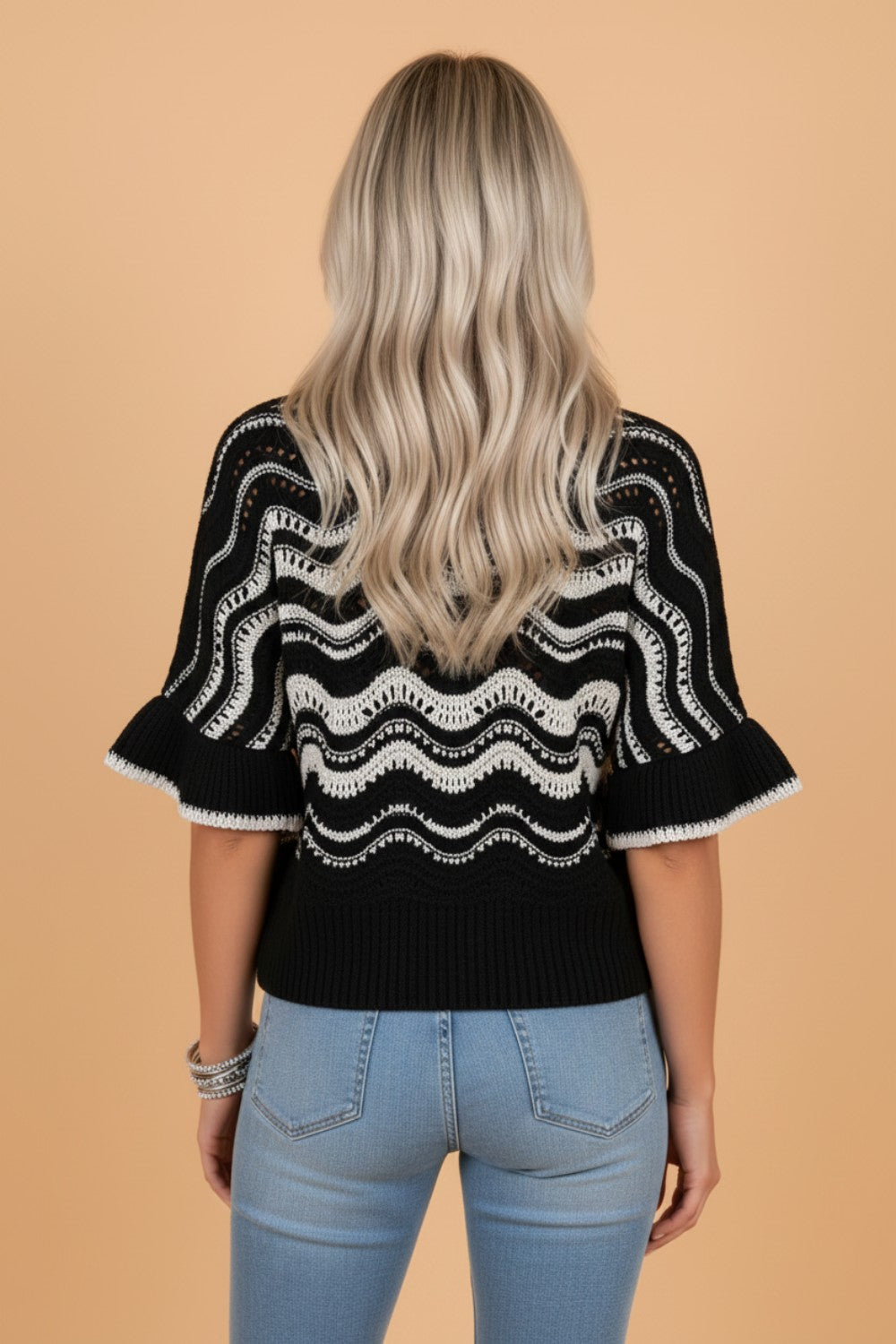 Wavy Stripe Ruffle 3/4 Sleeve Crochet Sweater