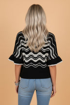 Wavy Stripe Ruffle 3/4 Sleeve Crochet Sweater