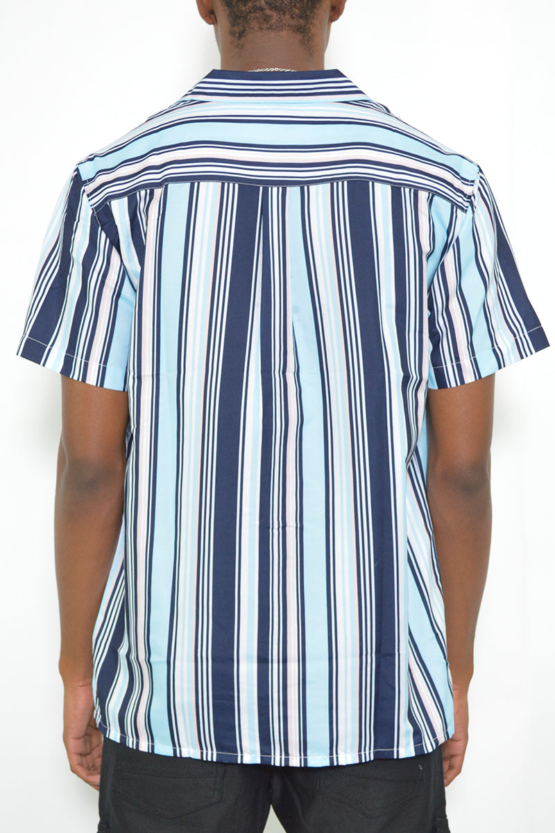 Mens Blue-Multi Stripe Print Button Down Shirt