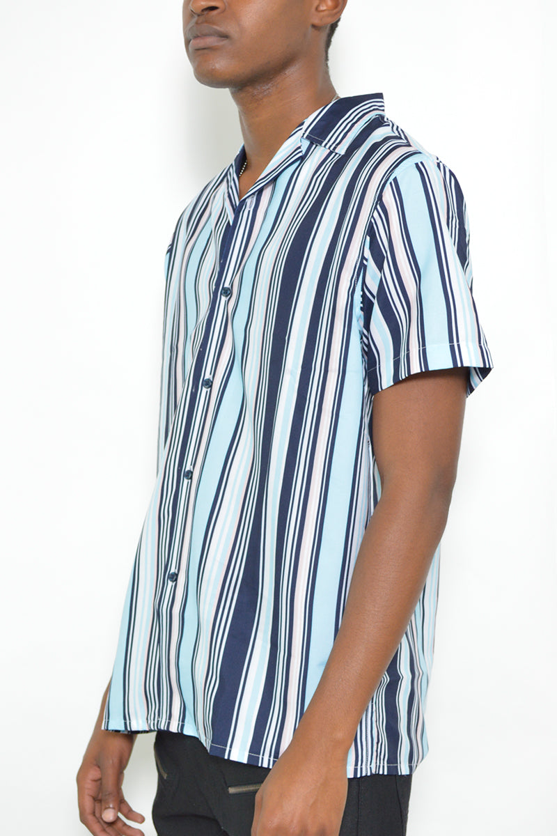 Mens Blue-Multi Stripe Print Button Down Shirt