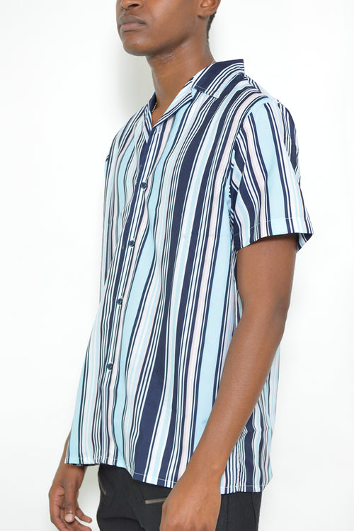 Mens Blue-Multi Stripe Print Button Down Shirt