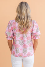 Floral Ruffle Stripe Trim Puff Sleeve Shirt
