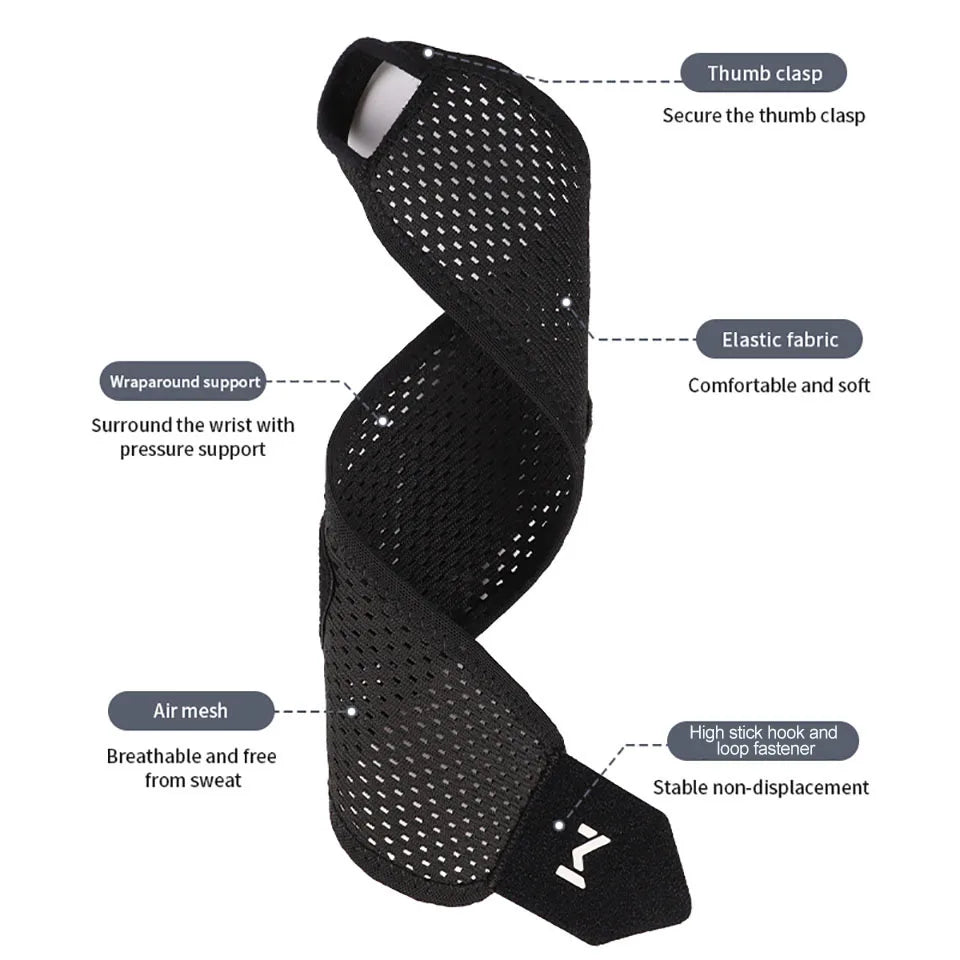 Black breathable wrist support for sports, elastic fabric and wraparound design