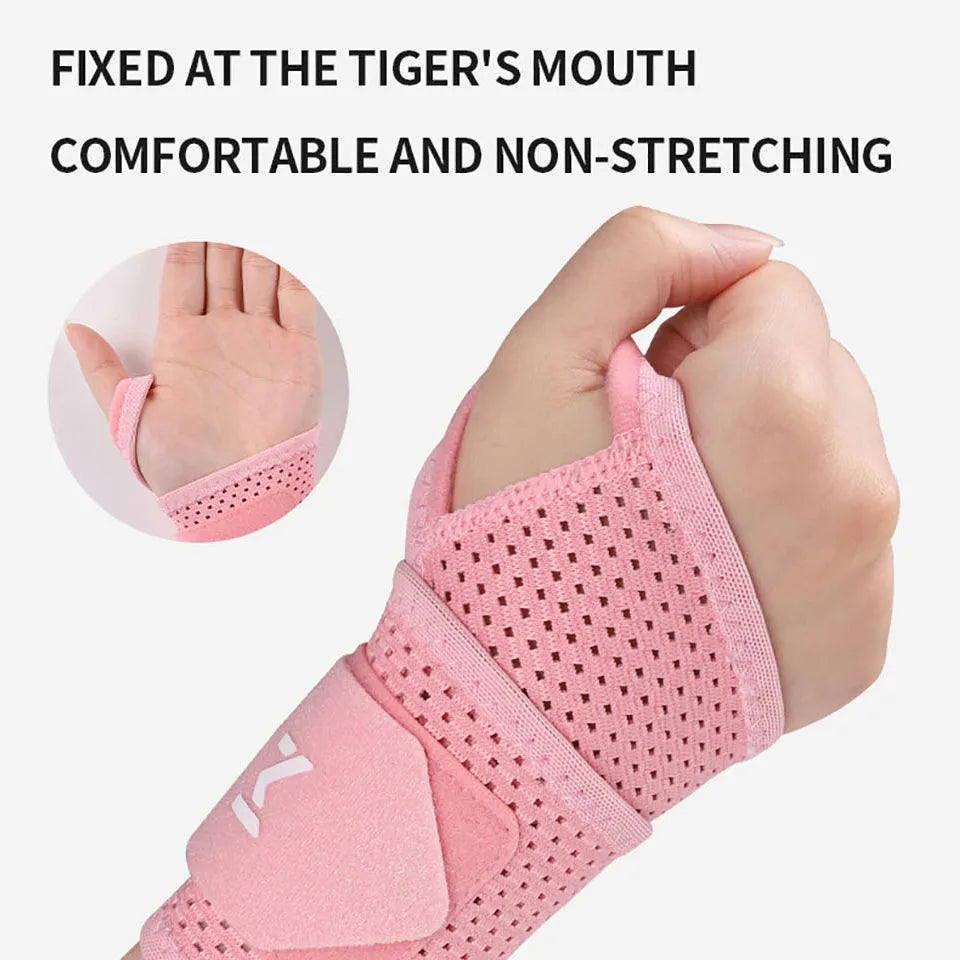 Pink breathable wrist support for sports, comfortable and adjustable fit