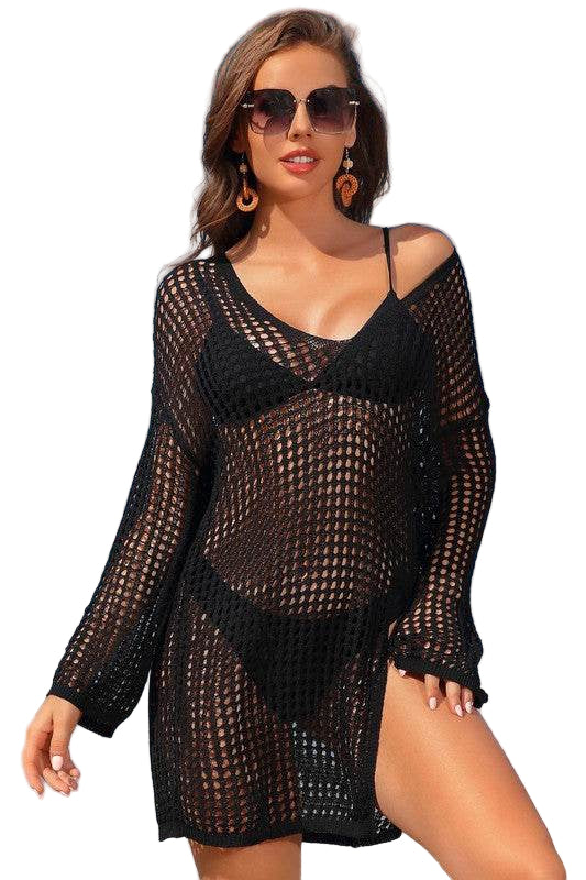 Crochet Side Split Beach Coverups Swimwear Dress - VacationGrabs