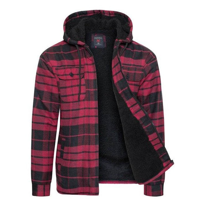 Men's Flannel Sherpa Lined Jacket with Hood - VacationGrabs