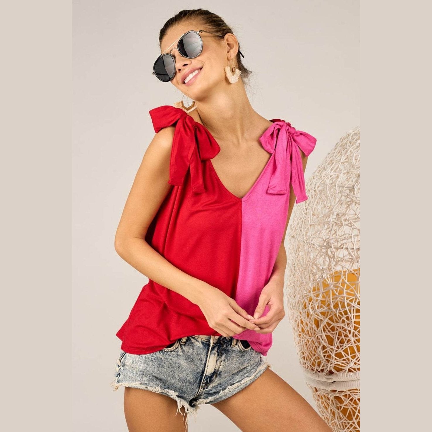 BiBi Shoulder Ribbon Tied Contrast Tank - VacationGrabs