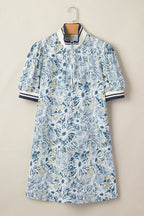 Floral Stripe Patchwork Collared Short Sleeve Mini Dress