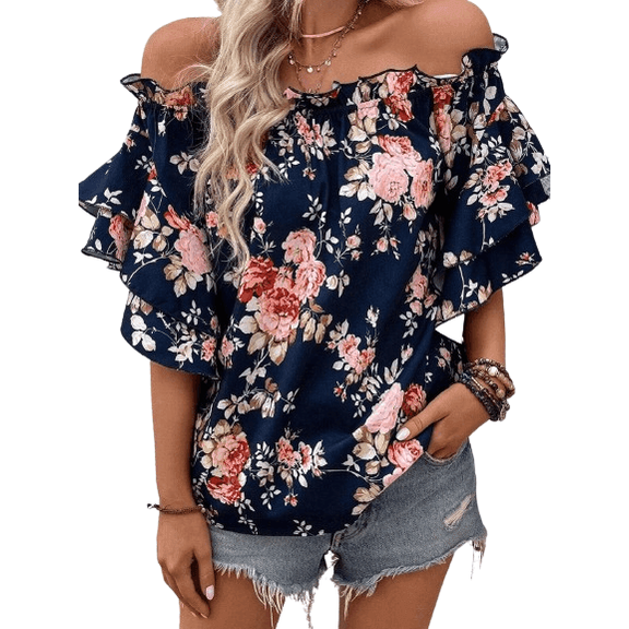Printed Off-Shoulder Flounce Sleeve Blouse - VacationGrabs