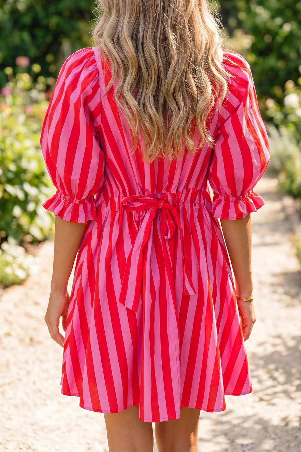 Stripe Half-Button Puff Sleeve Mini Dress