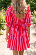 Stripe Half-Button Puff Sleeve Mini Dress
