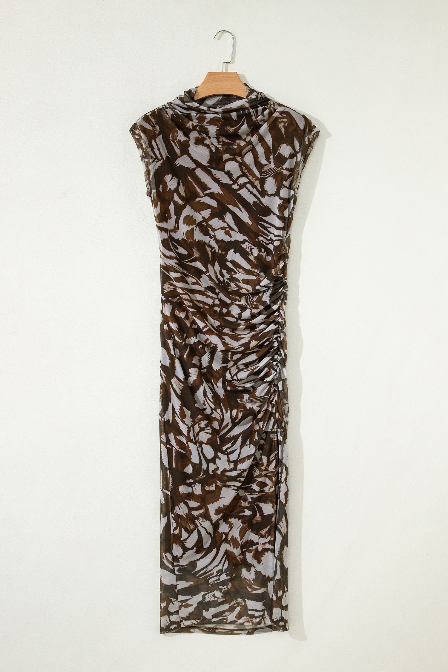 Abstract Mesh Cowl Neck Ruched Slit Midi Dress