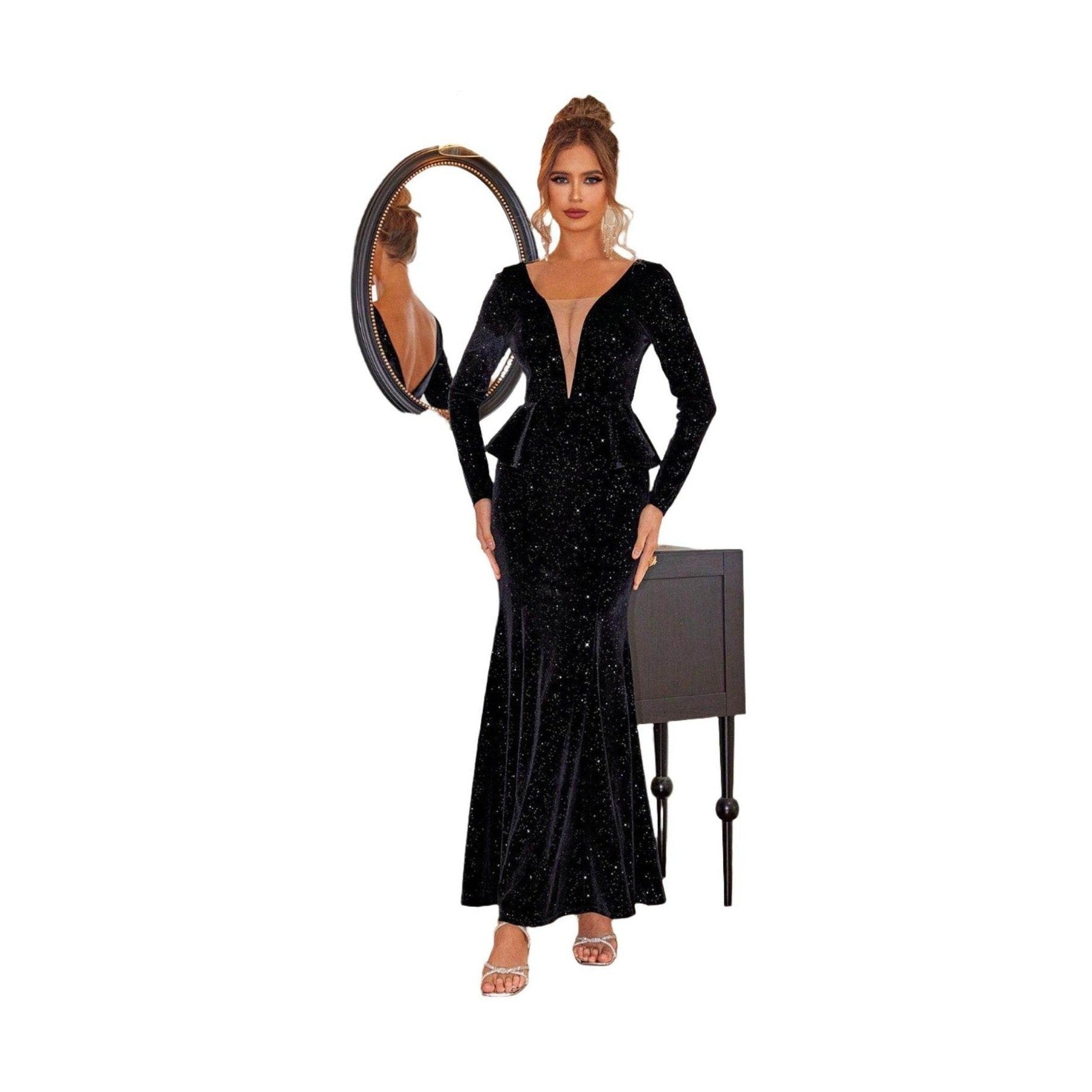 Ruffled Plunge Long Sleeve Dress - VacationGrabs