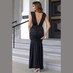 Ruched Plunge Sleeveless Maxi Dress - VacationGrabs