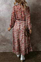 Floral Frilled V-Neck Split Front Tiered Midi Dress