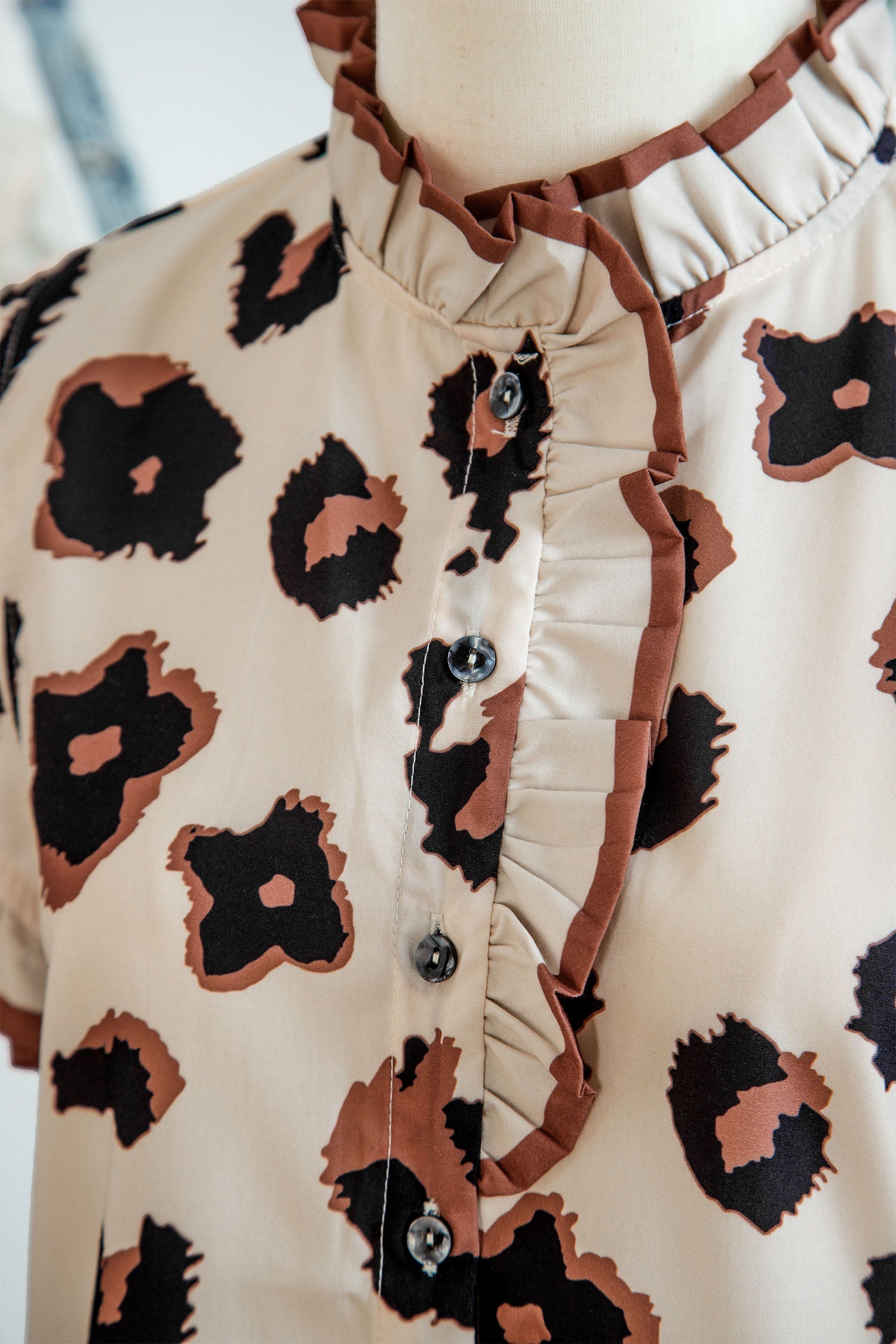 Leopard Ruffle Sleeve Button Up Blouse