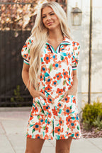 Floral Contrast Trim Split Neck Mini Dress