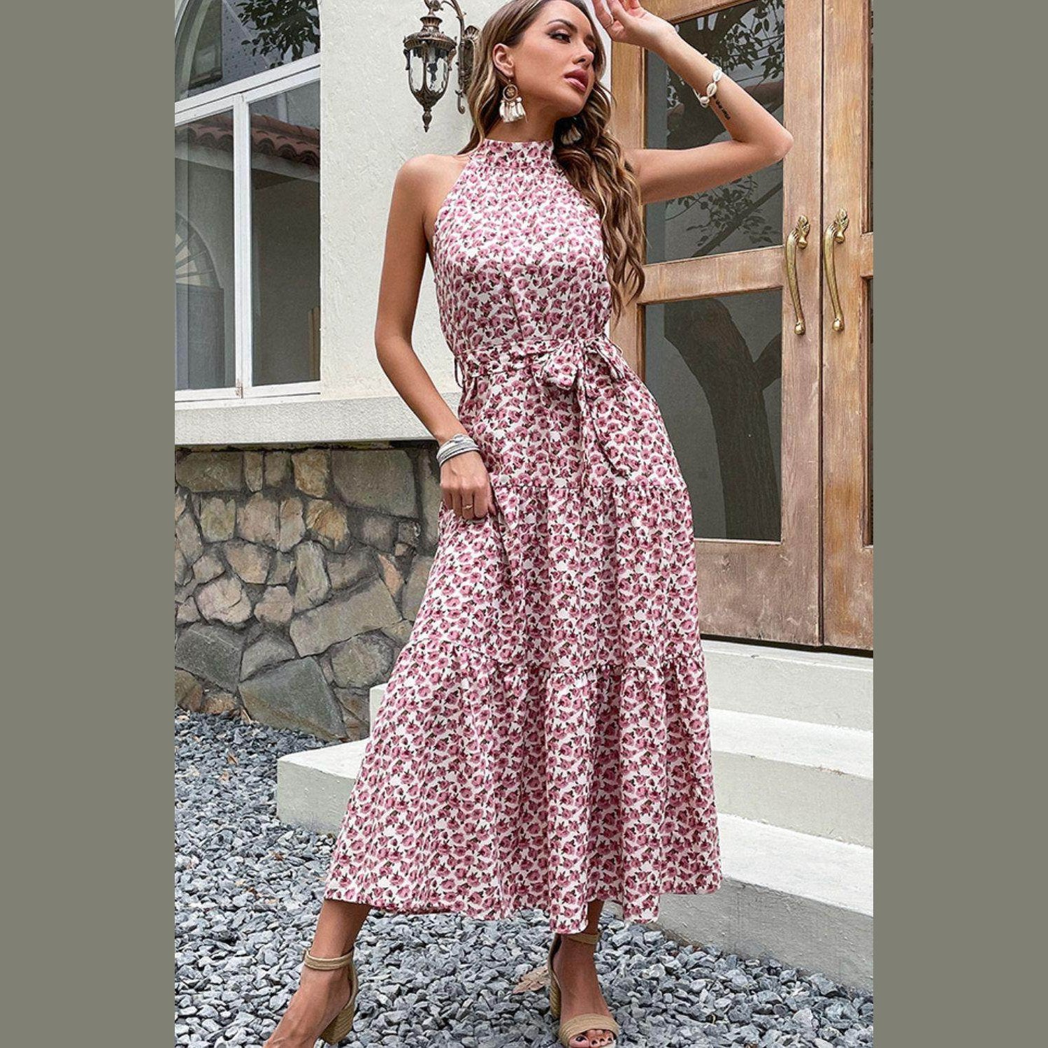 Floral Tie-Waist Tiered Dress - VacationGrabs