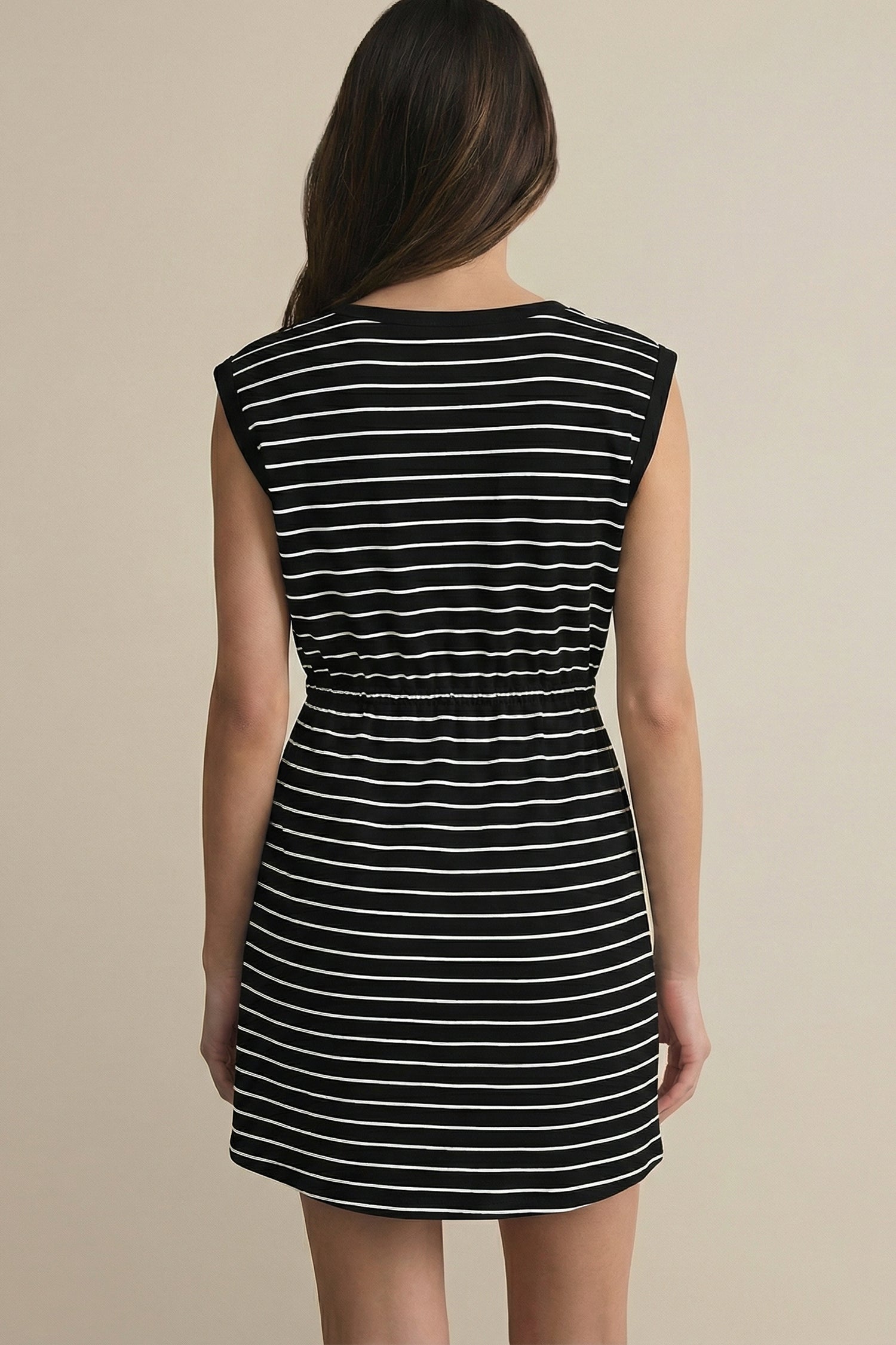 Stripe Drawstring Waist Pocketed Mini Dress