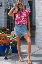 Floral Colorblock Lace V-Neck Flutter Sleeve Blouse