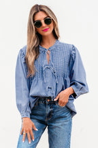 Solid Denim Pleated Bow Tie Puff Sleeve Top