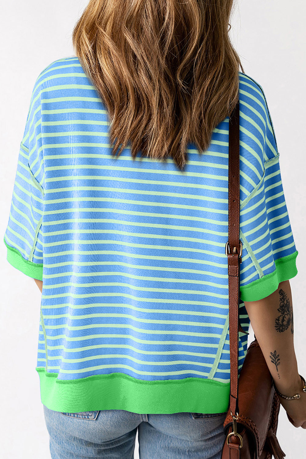 Women's Shirts - T-ShirtsSky Blue Stripe Oversized Contrast Trim Exposed Seam High - VacationGrabs