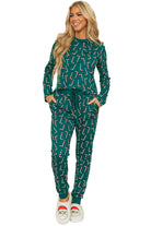 Women's Sleepwear/LoungewearGreen Christmas Candy Cane Printed Top and Pants Lounge Set - VacationGrabs