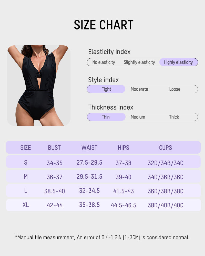 SheCurve deep plunge two-piece swimsuit size chart with elastic and thickness indices