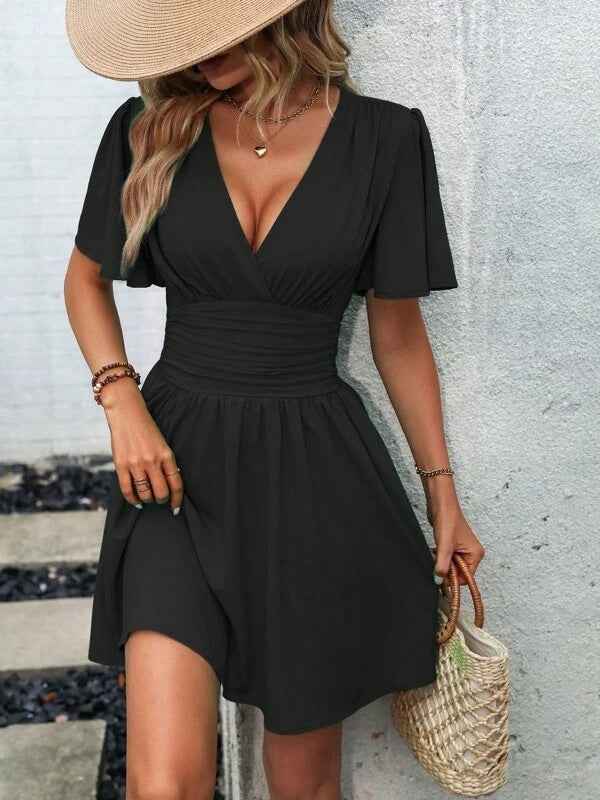 Elegant black deep v waist pleated dress with flutter sleeves, perfect for summer outings