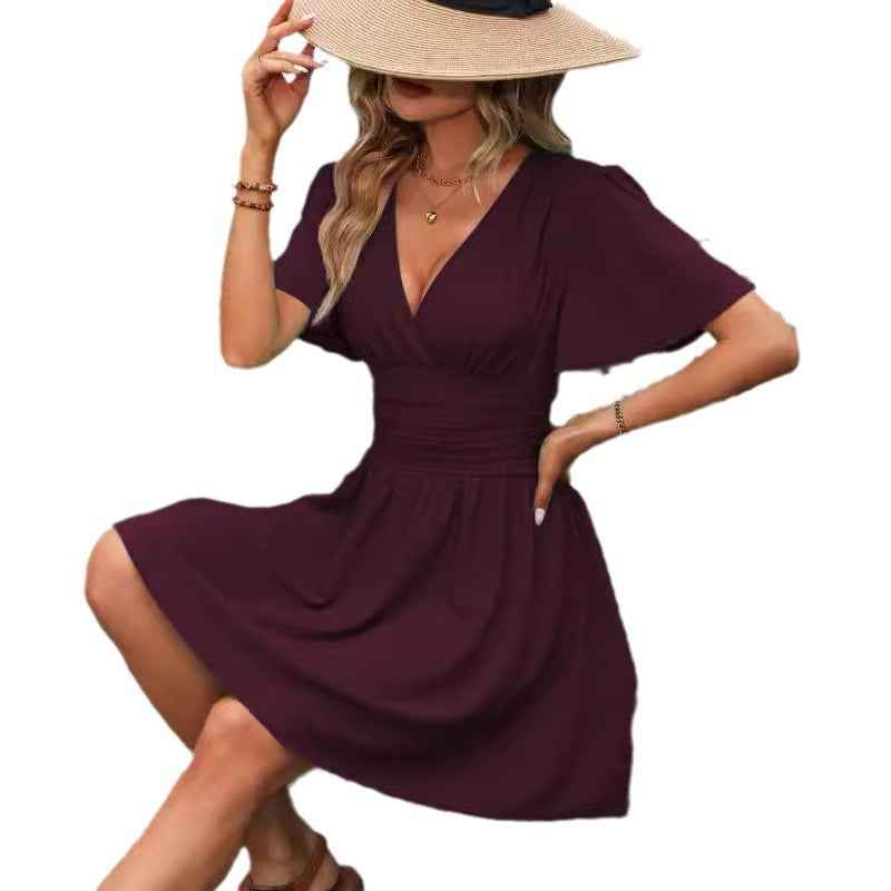 SHOMICOBOUTIQUE deep v waist pleated dress in burgundy with flutter sleeves and a flattering fit