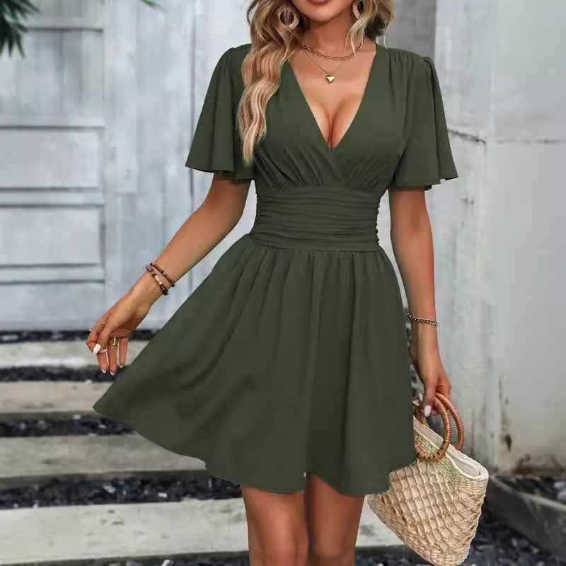 SHOMICOBOUTIQUE Deep V Waist Pleated Dress in Olive Green with Flowy Skirt and Short Sleeves