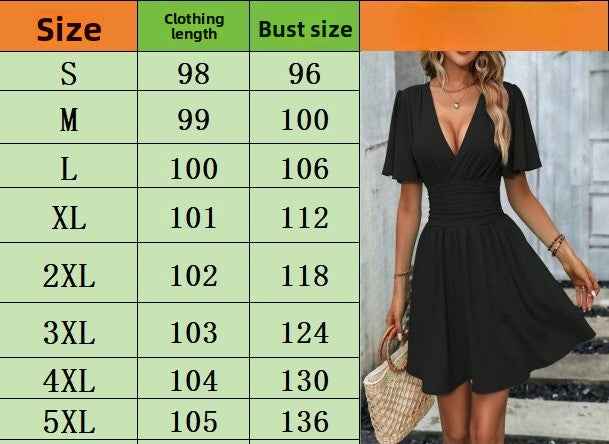 Elegant deep v waist pleated dress in black with flared sleeves and a flattering silhouette