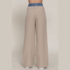 VacationGrabs women's beige denim accent wide leg pants with blue waistband detail