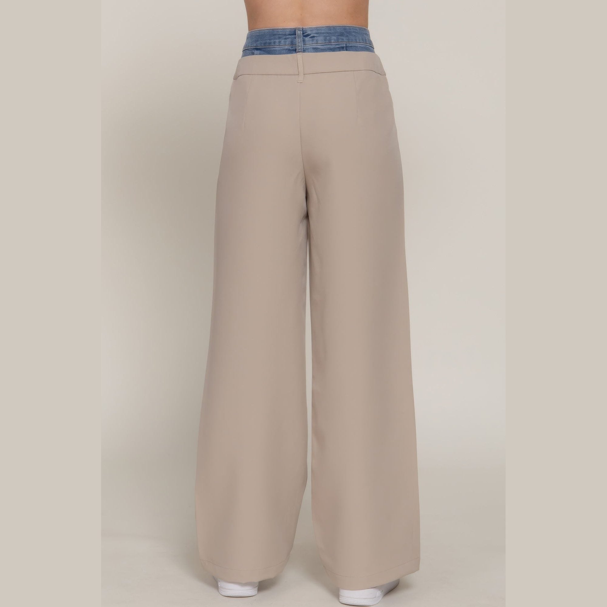 VacationGrabs women's beige denim accent wide leg pants with blue waistband detail