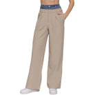 VacationGrabs women's denim accent wide leg pants in beige with blue denim waistband and pockets